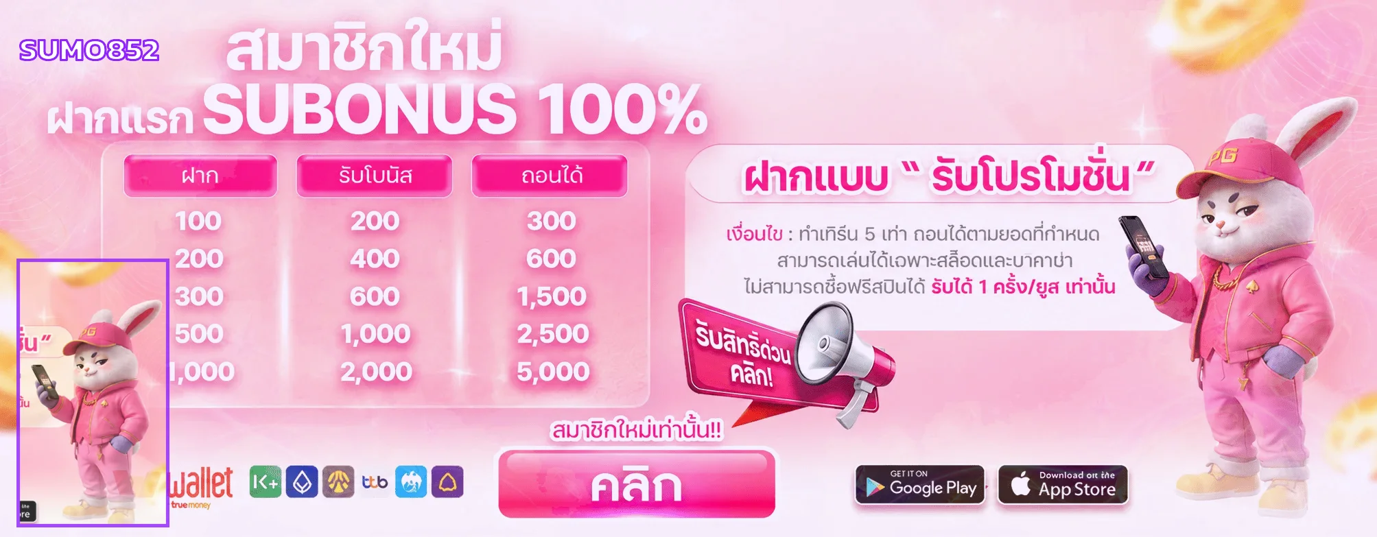 แบนเนอร์ SUMO852 โปรโมชั่นสมาชิกใหม่และโบนัส